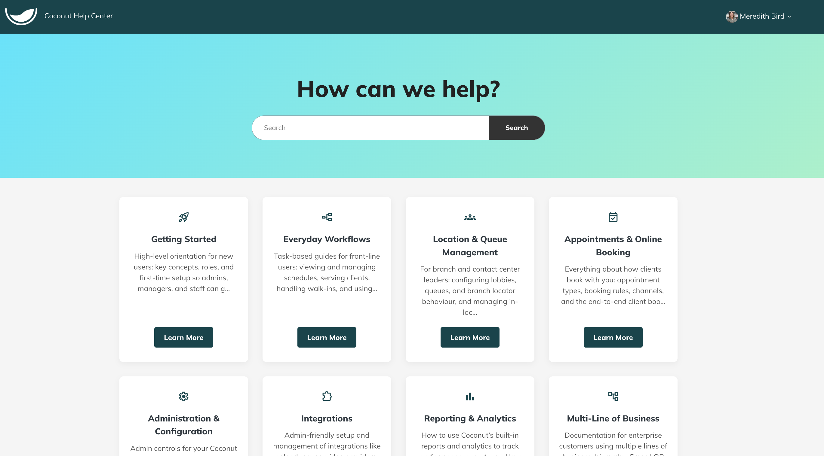 Figure 1: The Coconut Help Centre homepage, where you can search for articles, browse collections, or start a support request.
