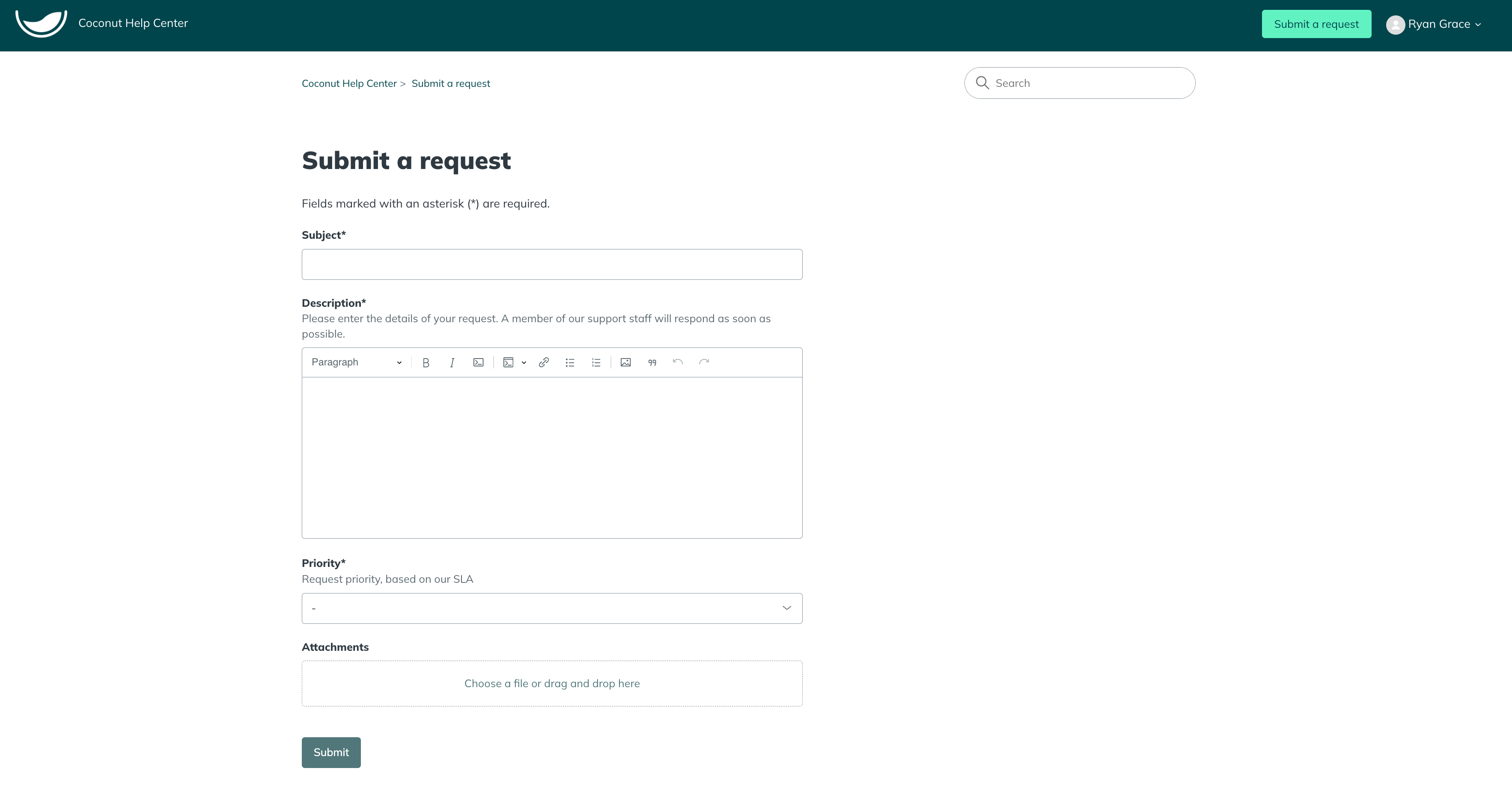 Figure 4: The Zendesk request form, where you can enter a subject, description, priority, and attachments.