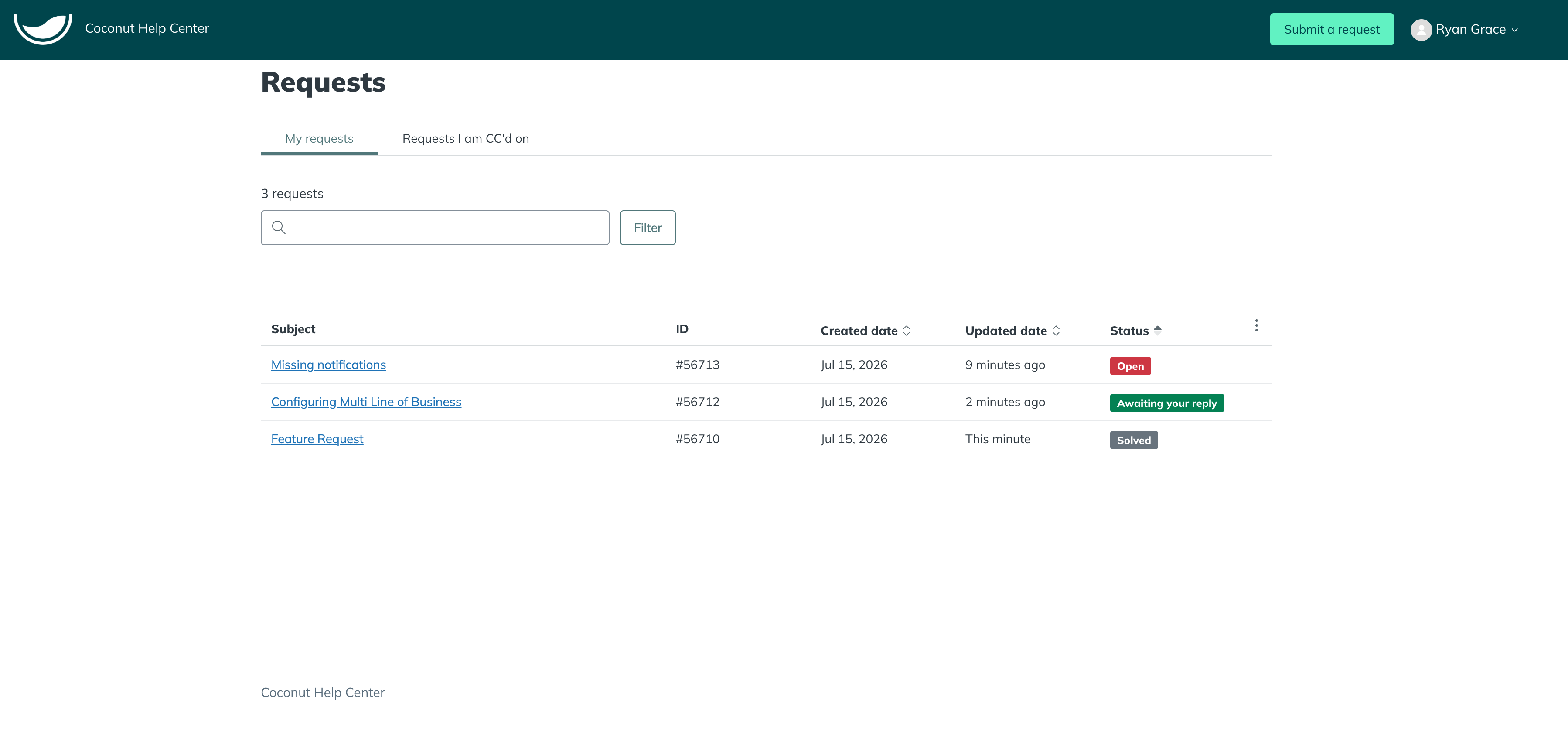 Figure 5: The Requests page, where you can view, search, filter, and track your support requests.